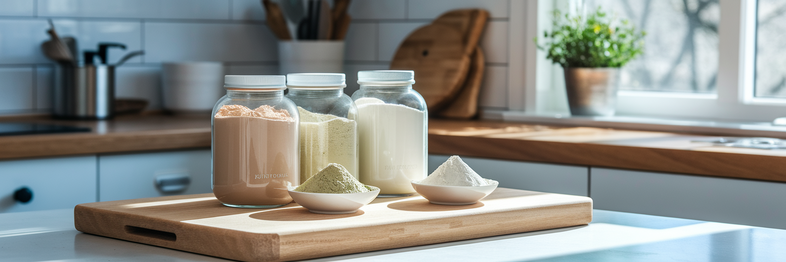 Diferentes tipos de proteínas veganas en polvo.