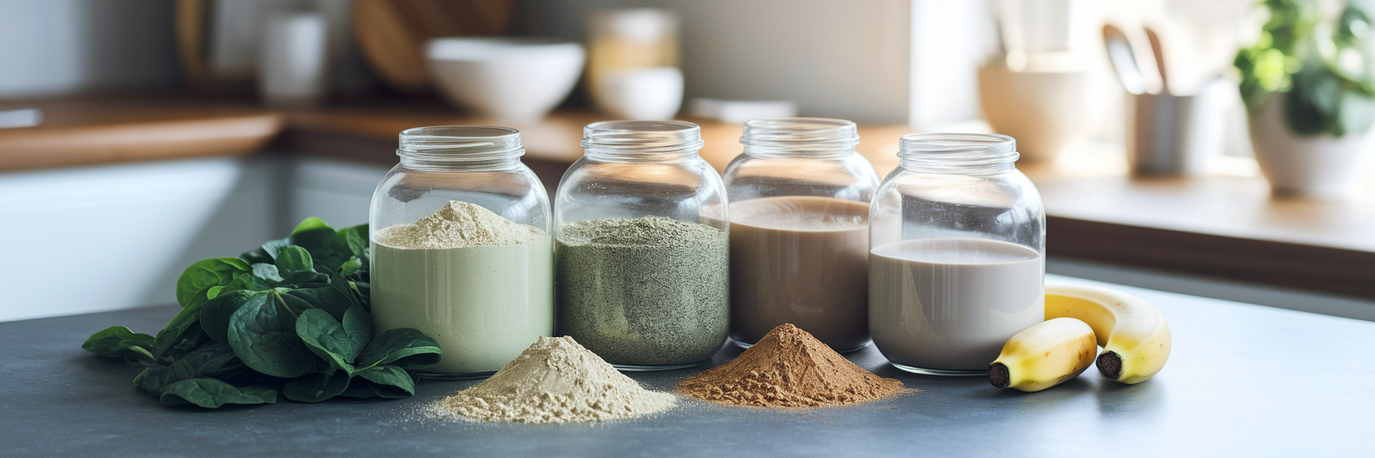 Different vegan protein powders in jars.