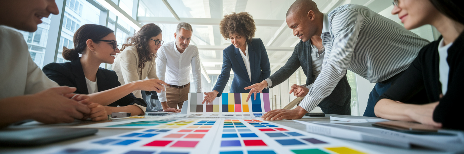Diverse team discussing brand identity.