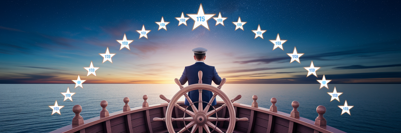 Drawing of captain steering ship by data constellations.