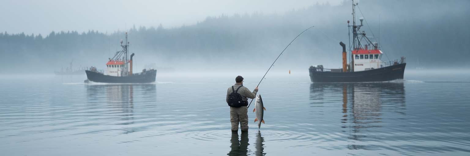 Fisherman catching a large fish alone.