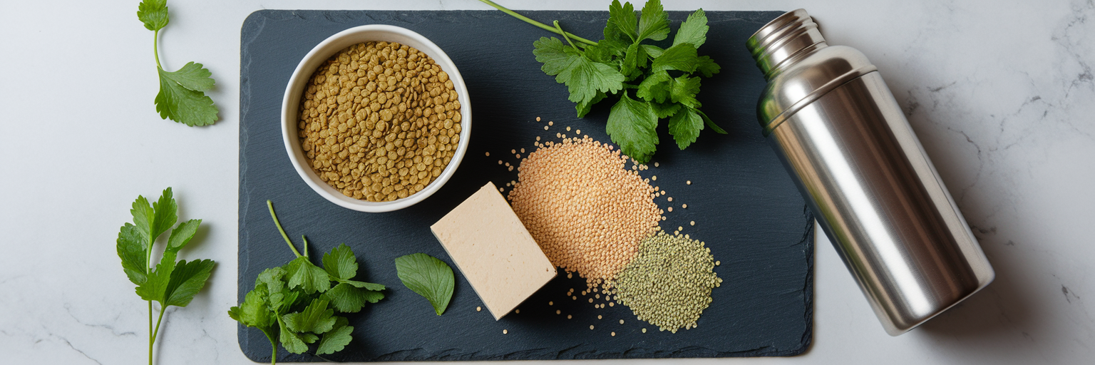 Flat lay of diverse plant protein sources.