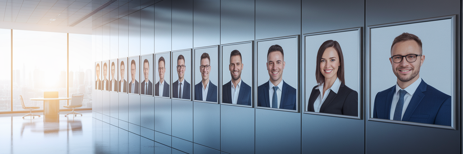 Framed professional team headshots on modern office wall.