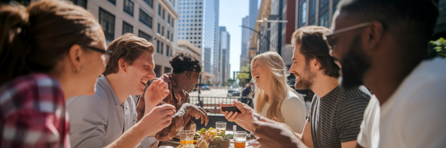 Friends enjoying a meal outdoors.