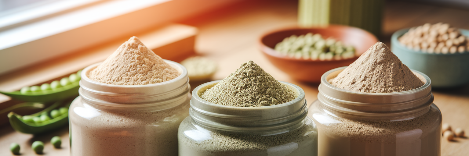 Glass jars of different vegan protein powders.