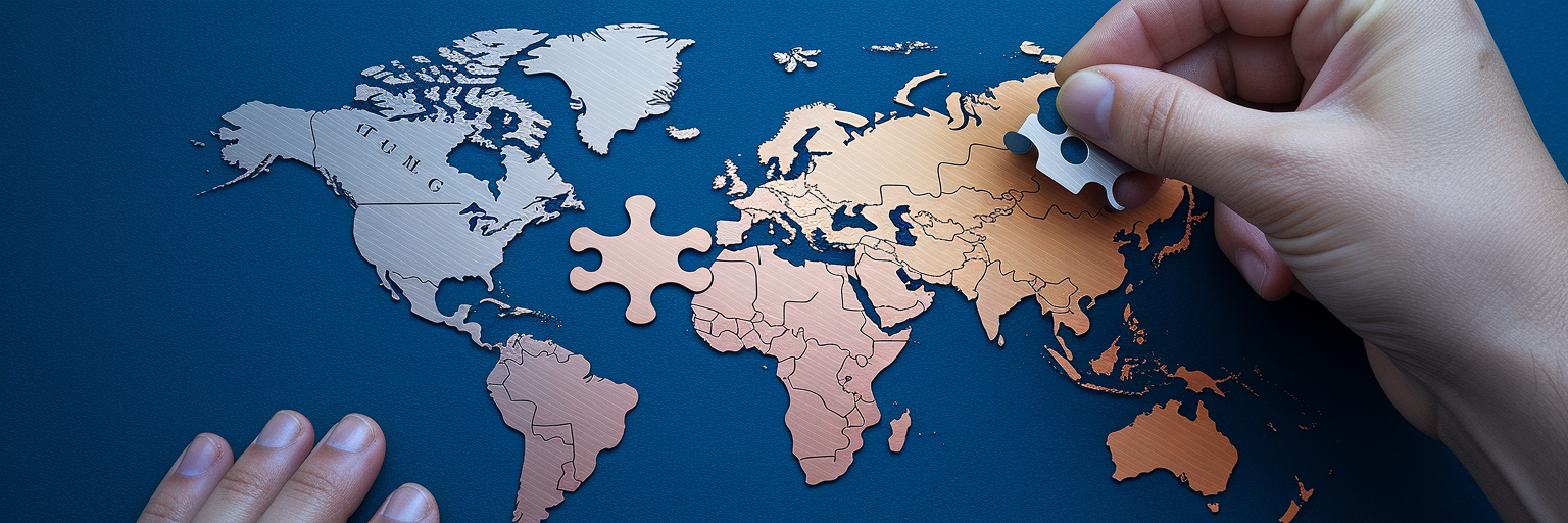 Global map puzzle representing multi-currency expense management.