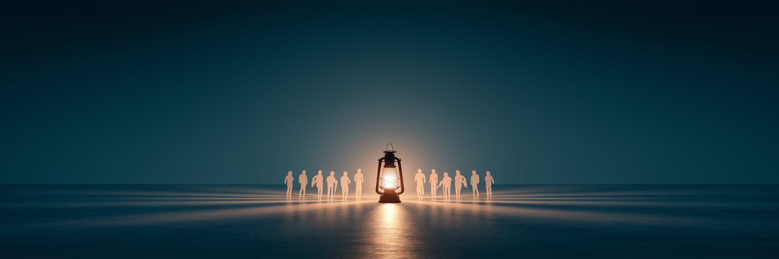 Glowing lantern attracting a community.