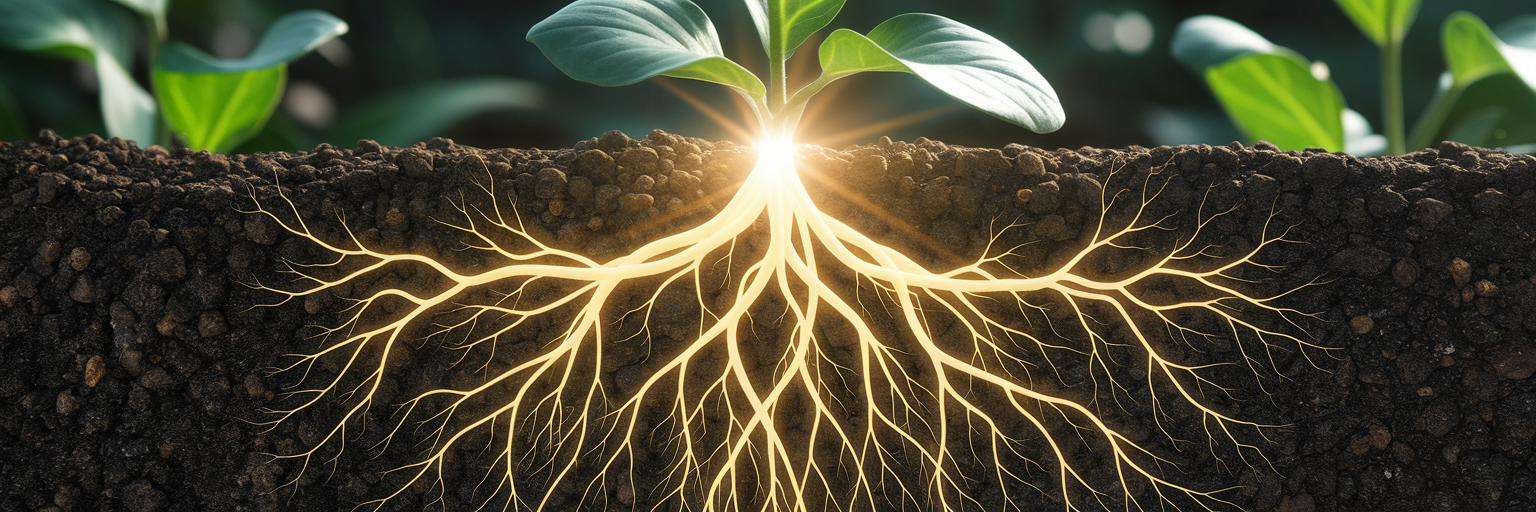 Glowing plant roots symbolizing energy transfer.
