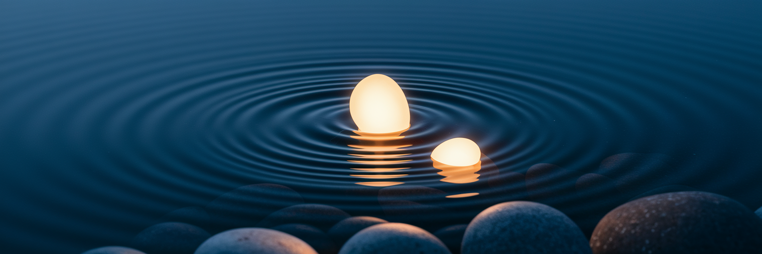 Glowing stone creating ripples in water.