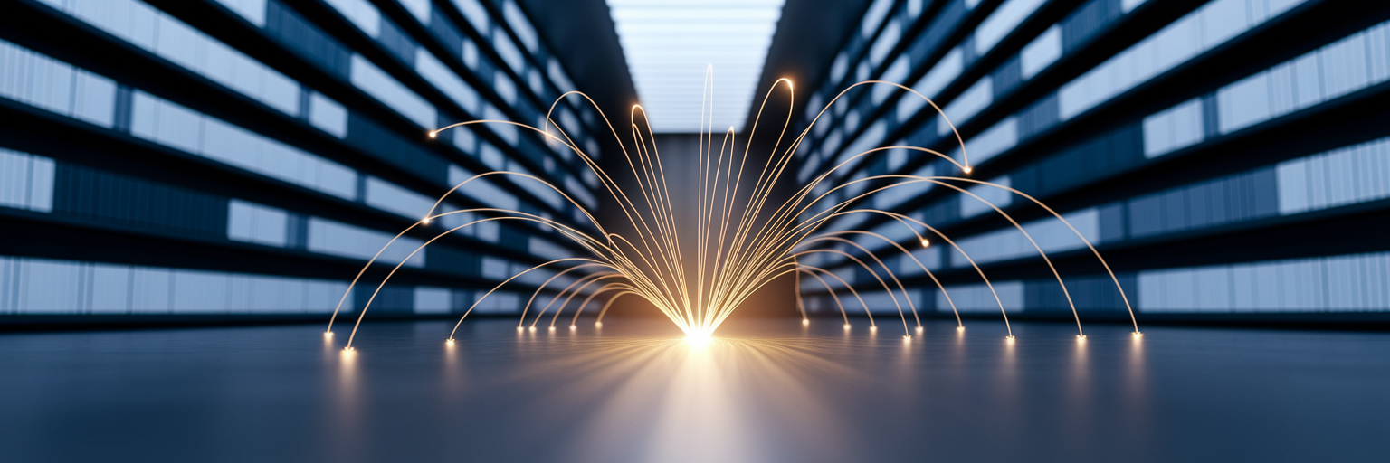 Glowing threads of information converging