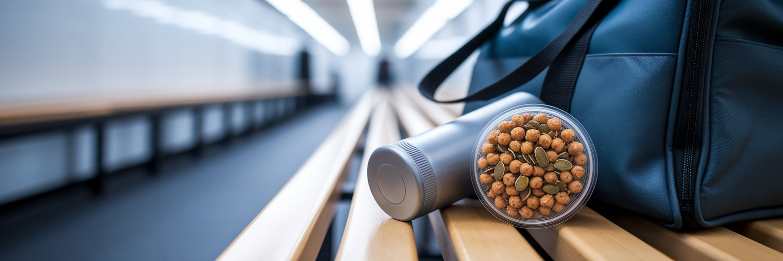 Gym bag with shaker and snacks.