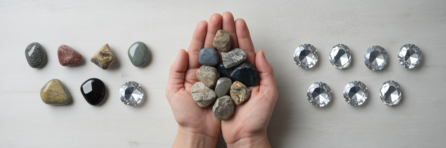 Hand holding rough stones transforming into polished gems.