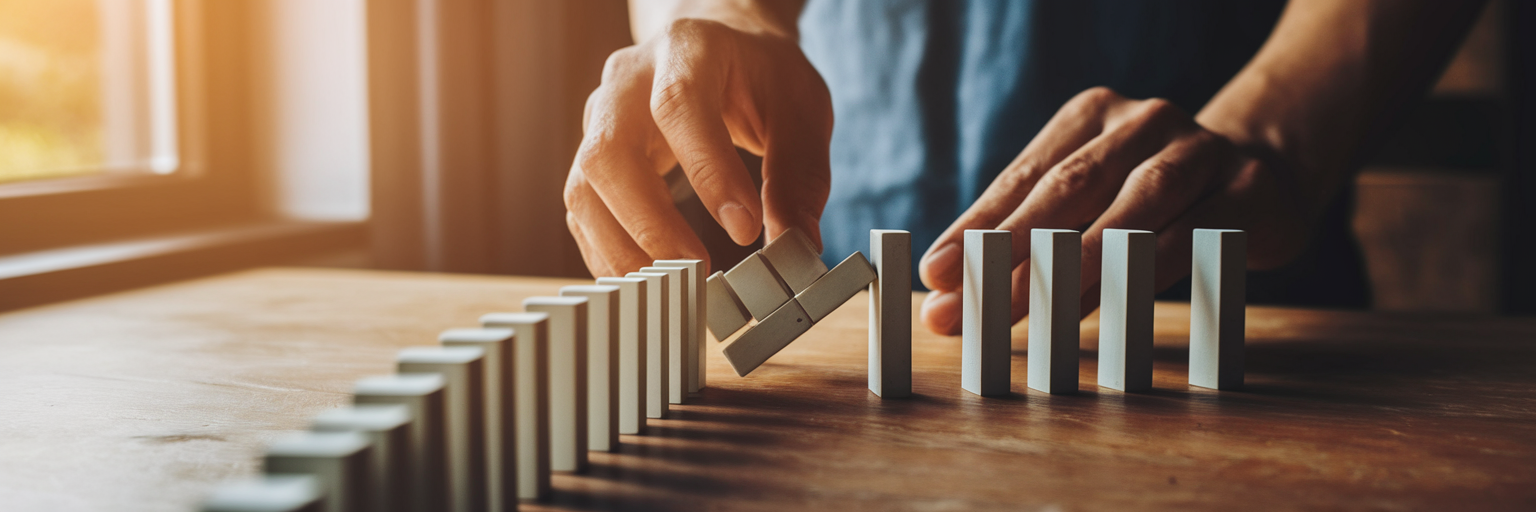 Hands arranging dominoes in a strategic path.
