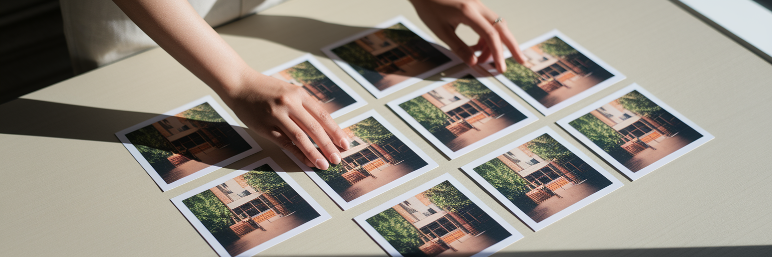 Hands arranging photos into grid.