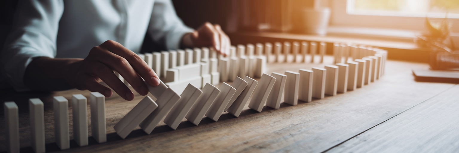 Hands carefully arranging dominoes on desk.