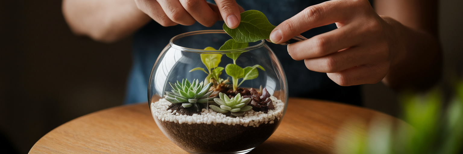 Hands carefully tending to plants in terrarium.
