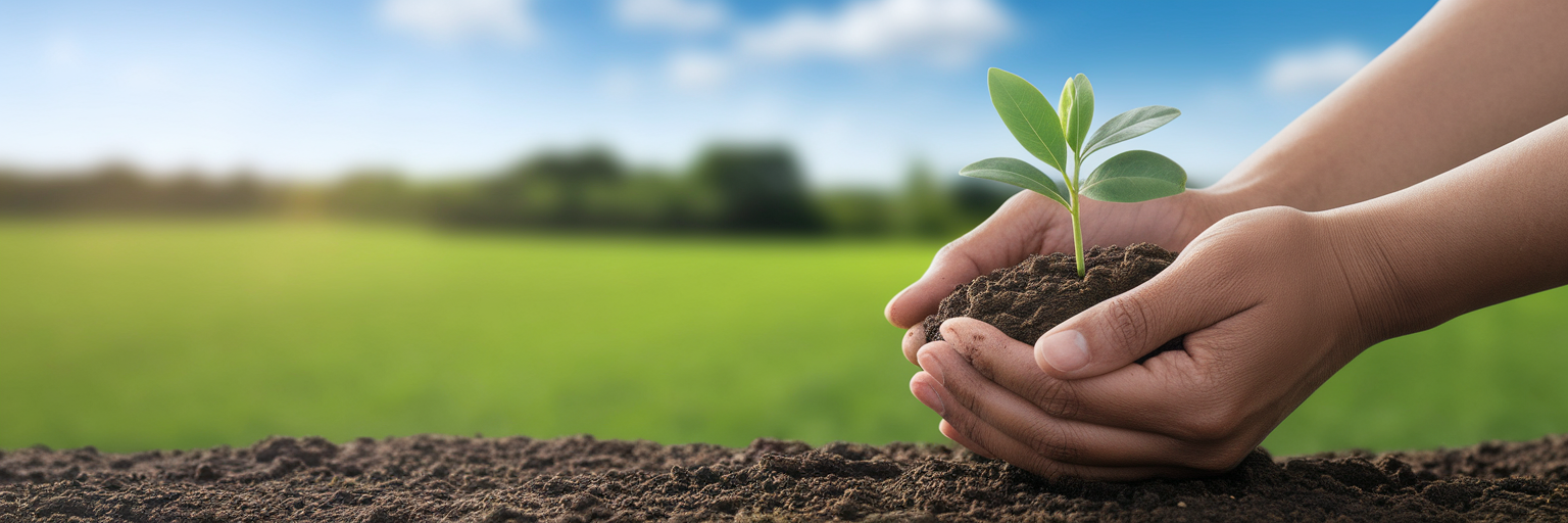Hands cupping a seedling in field.