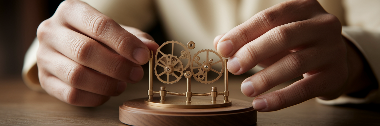 Hands fine-tuning intricate clockwork gears.