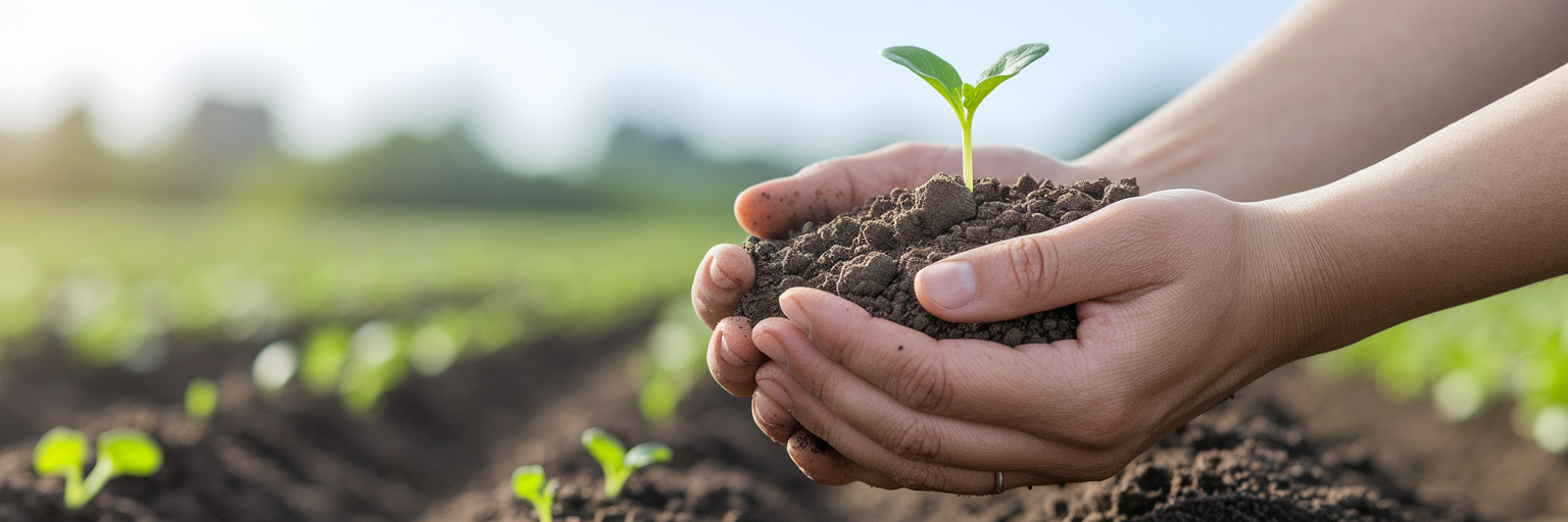 Hands holding healthy soil with sprout.