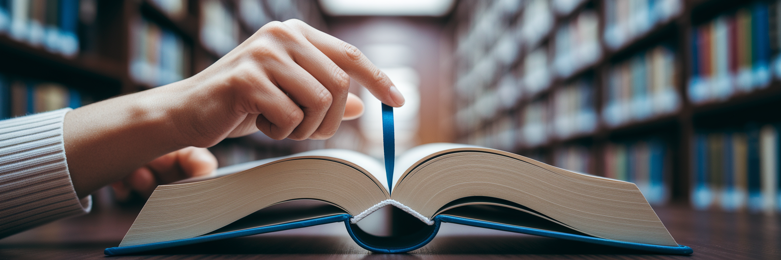 Hands placing bookmark in academic book.