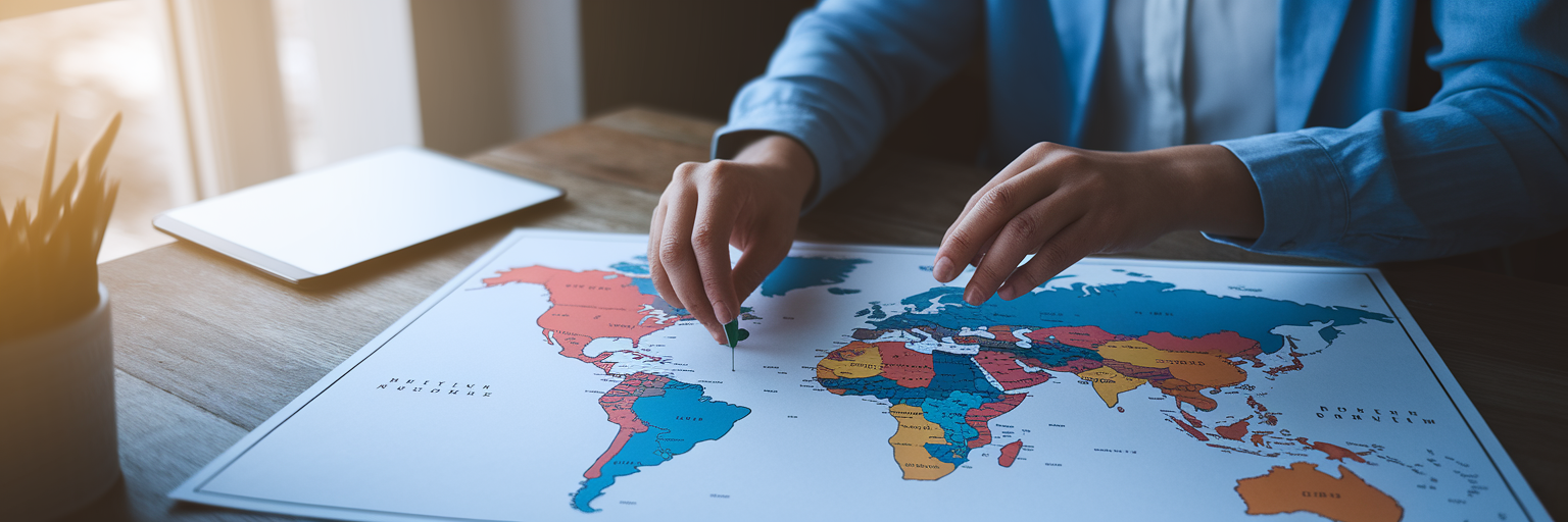 Hands placing pins on a world map.