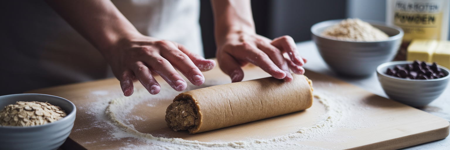 Hands rolling dough for vegan protein cookies.