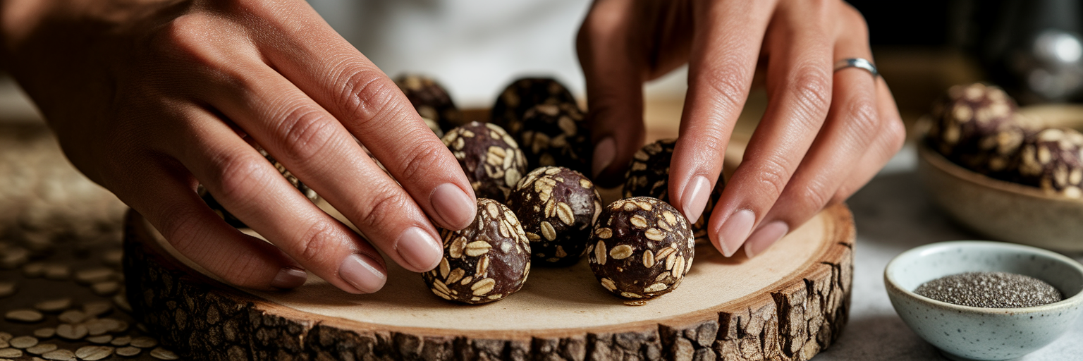 Hands rolling homemade vegan protein bites
