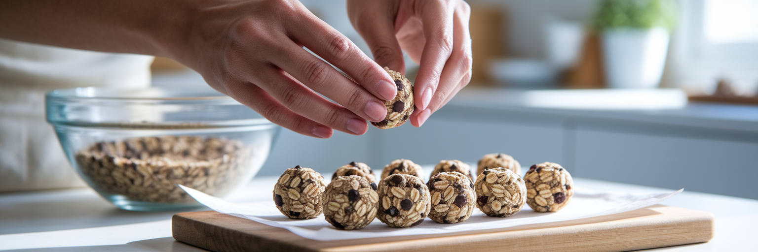 Hands rolling no-bake protein energy bites.