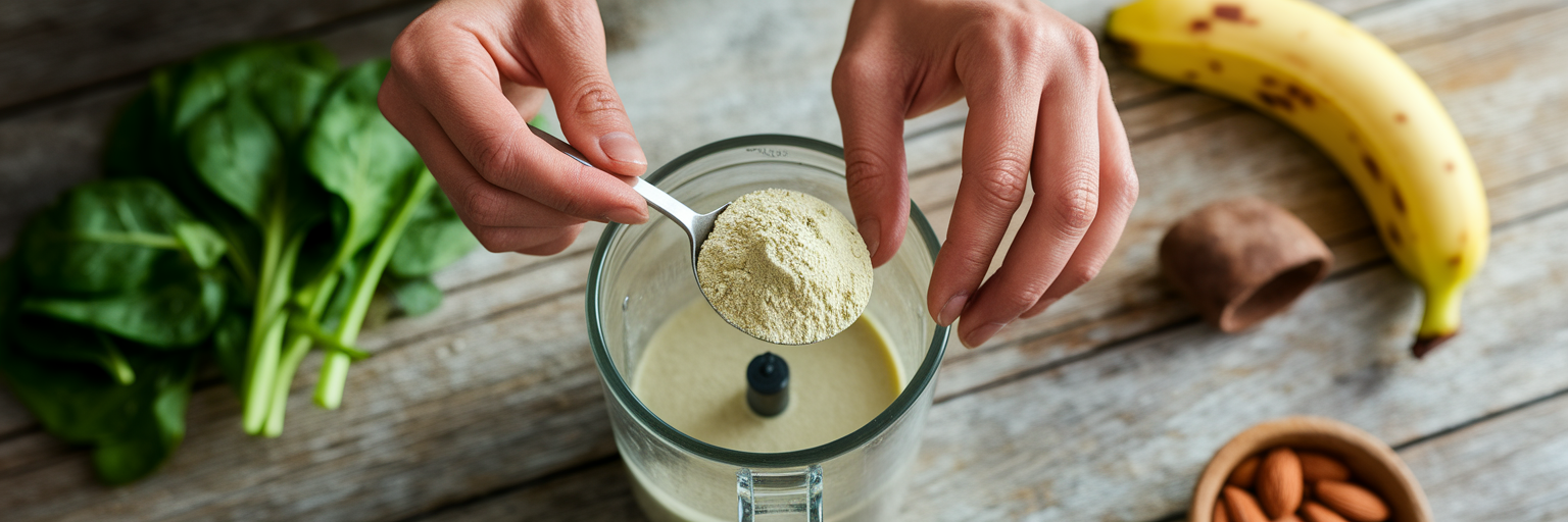Hands scooping vegan protein powder into blender.