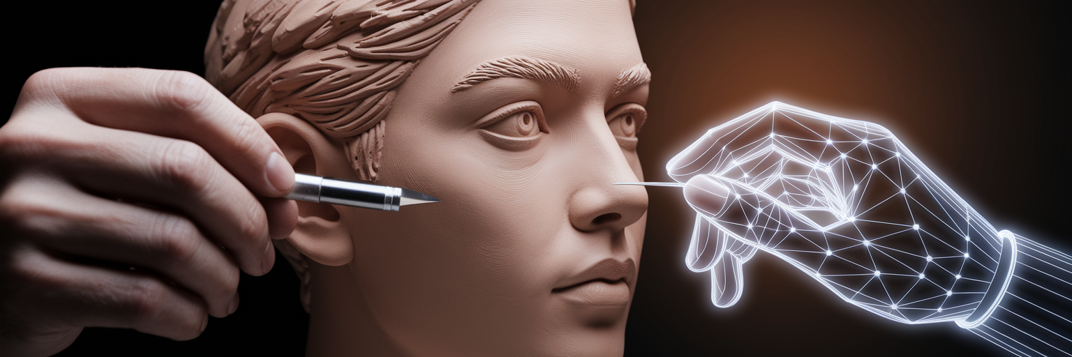 Hands sculpting a portrait with light.