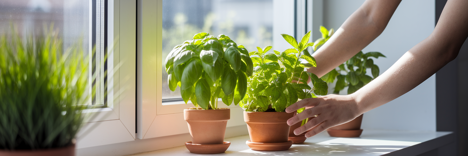 Hands tending to an indoor herb garden.