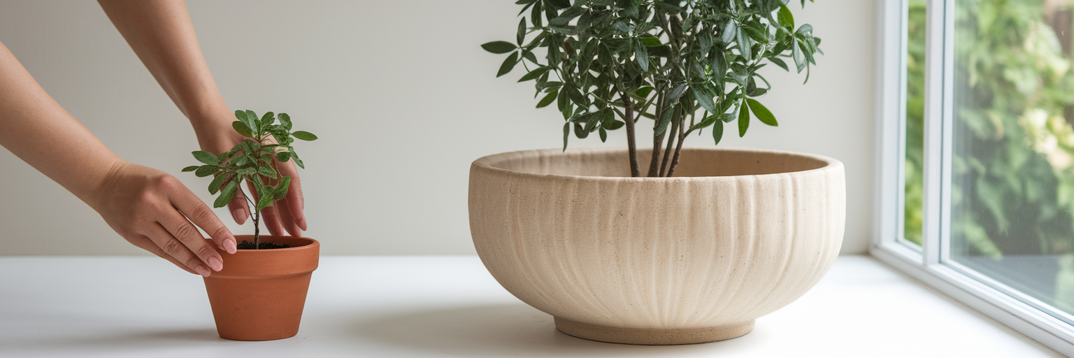 Hands transplanting sapling into larger pot.