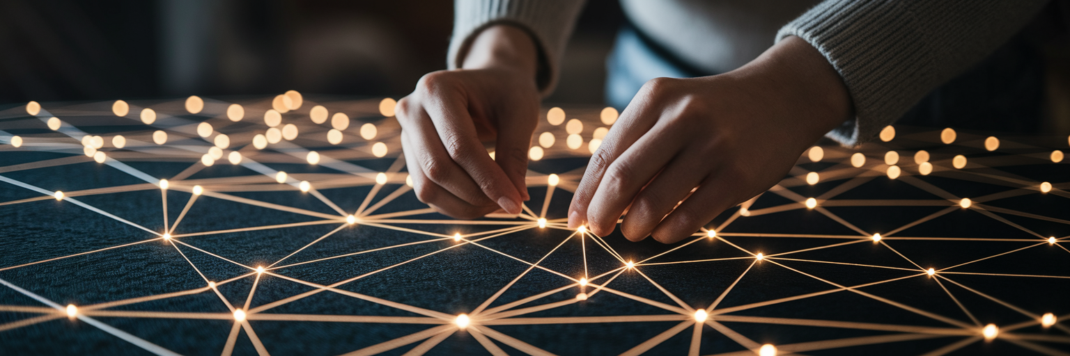 Hands weaving glowing threads into a network.