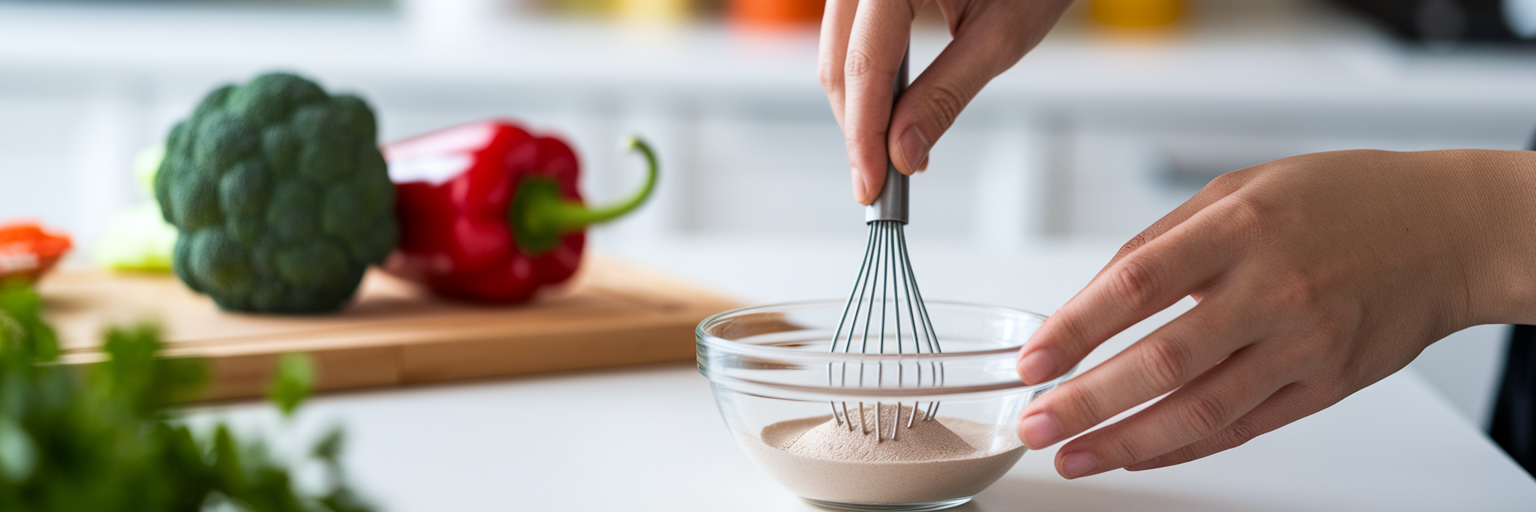 Manos batiendo proteína en polvo hasta formar una pasta.