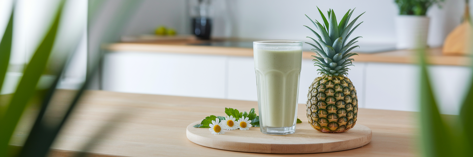 Batido verde saludable con piña y flores