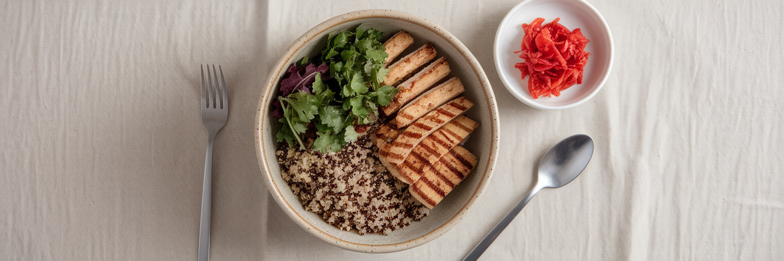 Healthy plant-based bowl with tempeh and kimchi.