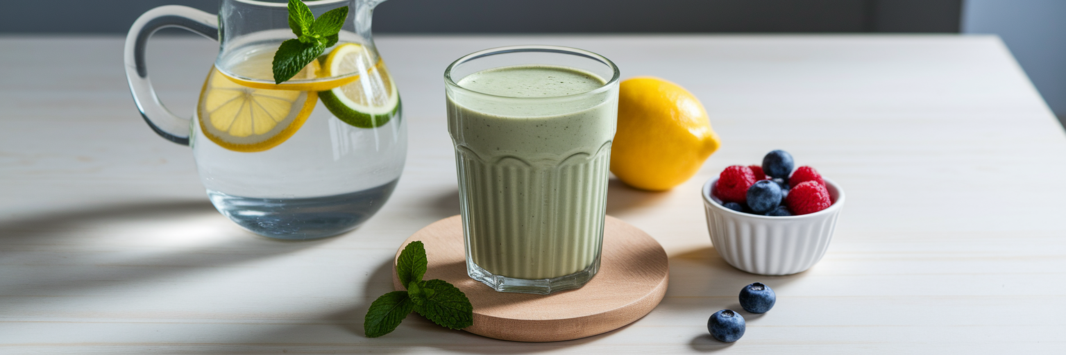 Batido de proteínas saludable con agua y frutos rojos.
