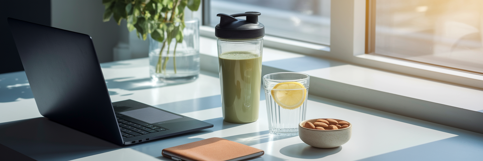 Pausa para tomar un refrigerio saludable en el escritorio de trabajo.