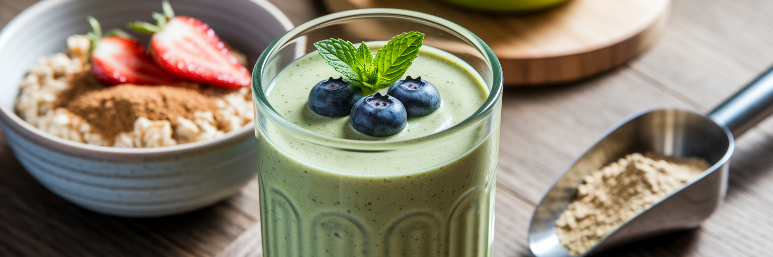 Healthy vegan protein smoothie and oatmeal