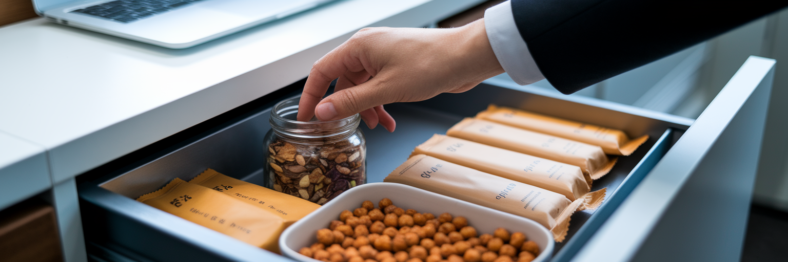 Snacks veganos ricos en proteínas para la oficina.