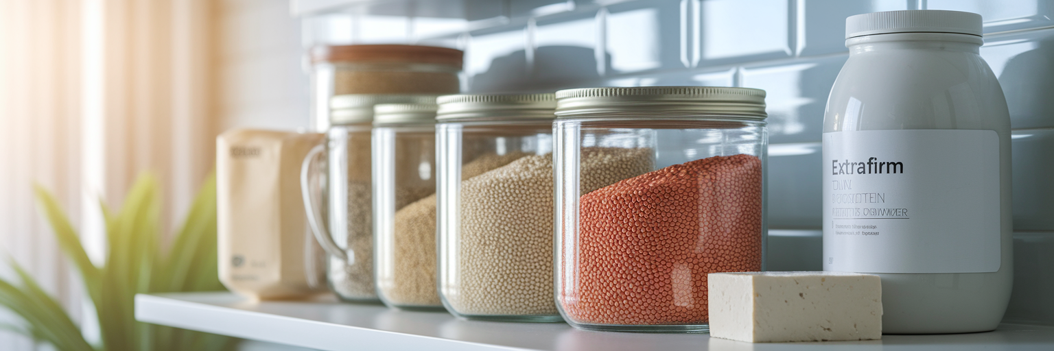 Alimentos básicos veganos con alto contenido proteico organizados de forma ordenada.