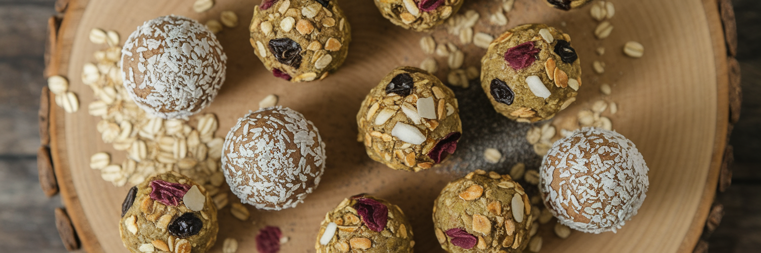 Homemade vegan protein energy bites on board