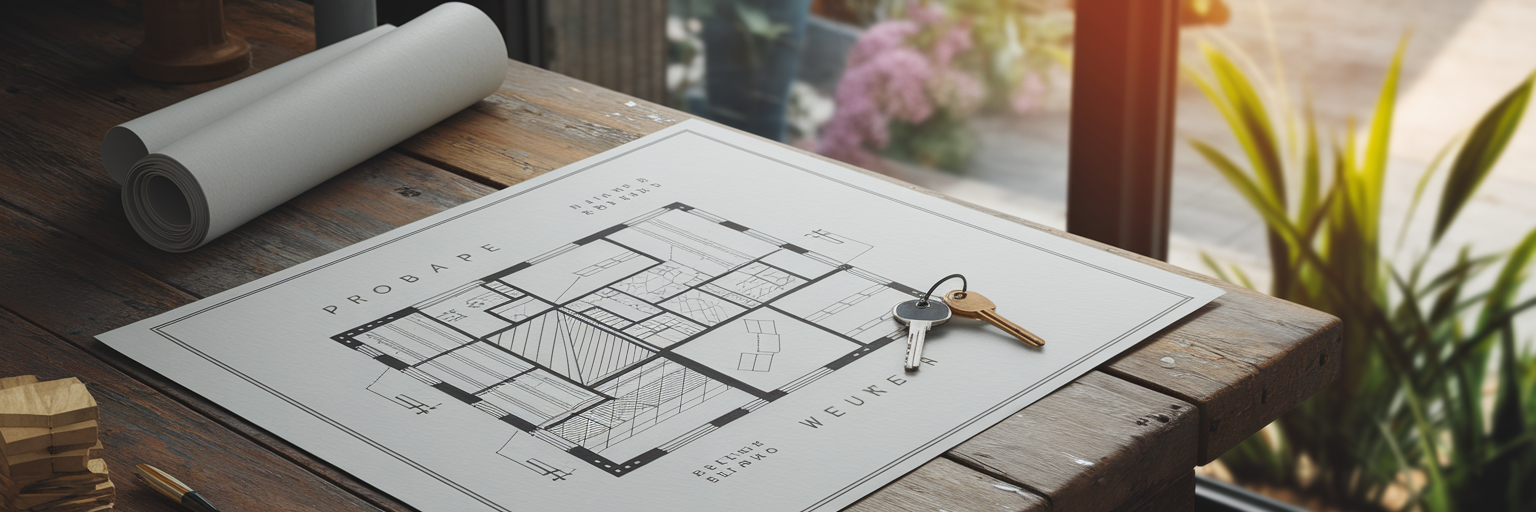 House keys next to business expansion blueprints.