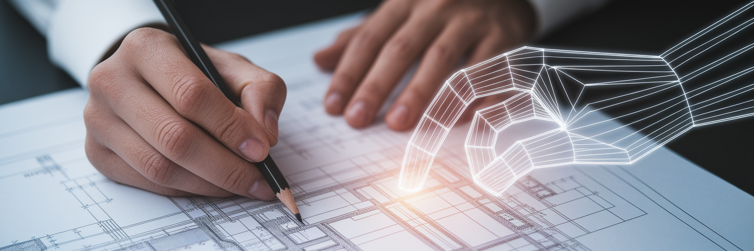 Human and AI hands collaborating on blueprint.