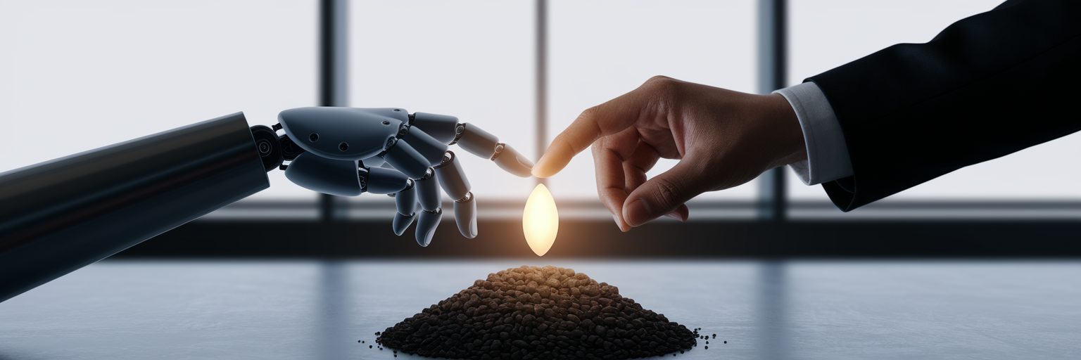 Human and AI hands nurturing a plant.