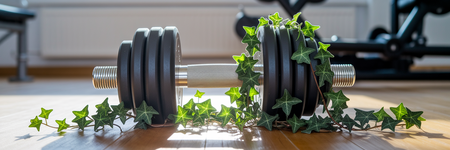 Enredaderas de plantas entrelazadas que crecen alrededor de una mancuerna.