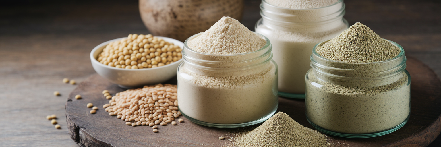 Frascos de diferentes proteínas veganas en polvo.