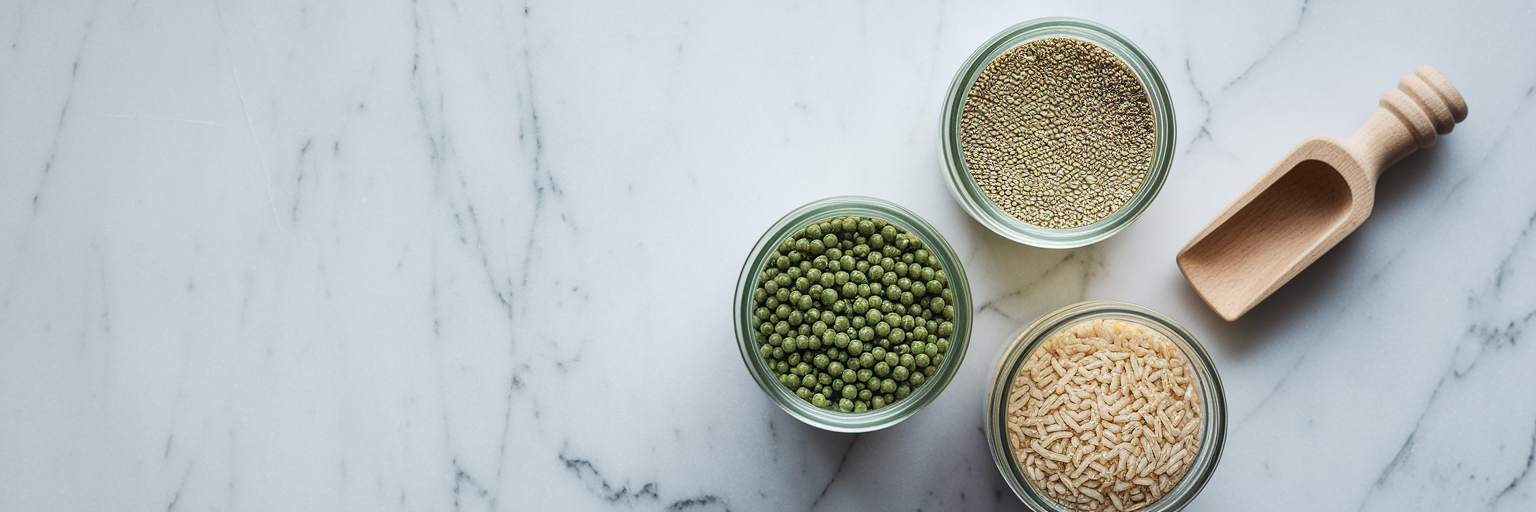 Tarros de proteína de cáñamo, arroz y guisantes