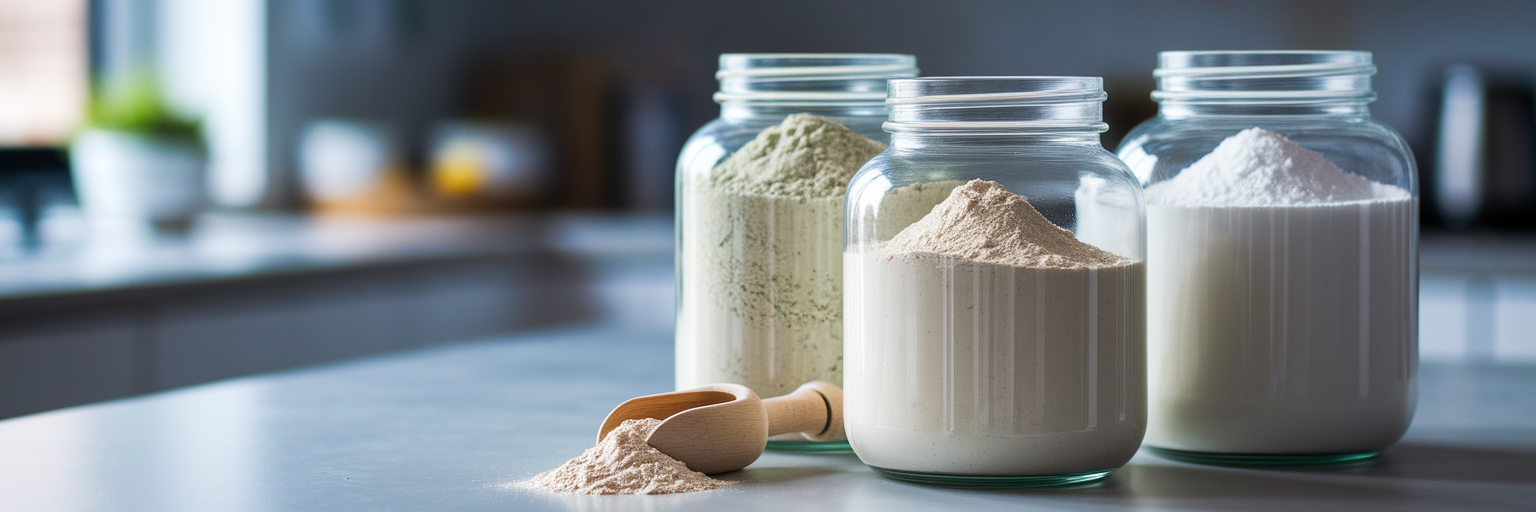 Jars of pea rice hemp protein