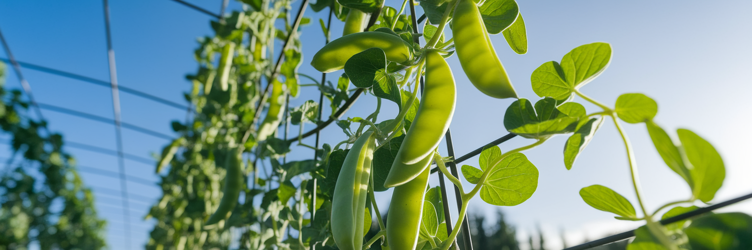 Exuberante planta de guisantes verdes que crece hacia arriba.